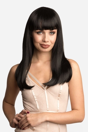 Long straight black wig with straight fringe: Carmen