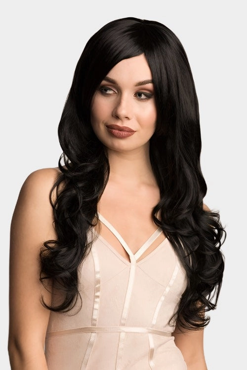 Long wavy black wig with side-sweeping Fringe: Charlotte