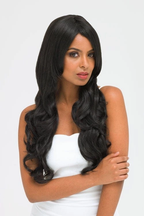 Long wavy black wig with side-sweeping Fringe: Charlotte