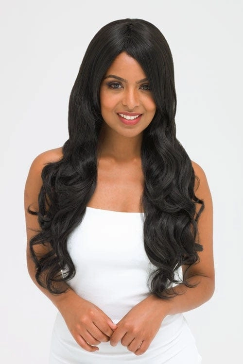 Long wavy black wig with side-sweeping Fringe: Charlotte