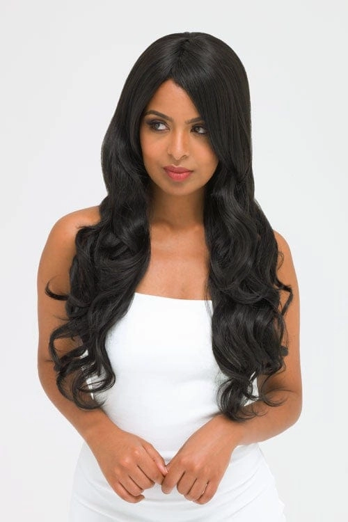 Long wavy black wig with side-sweeping Fringe: Charlotte