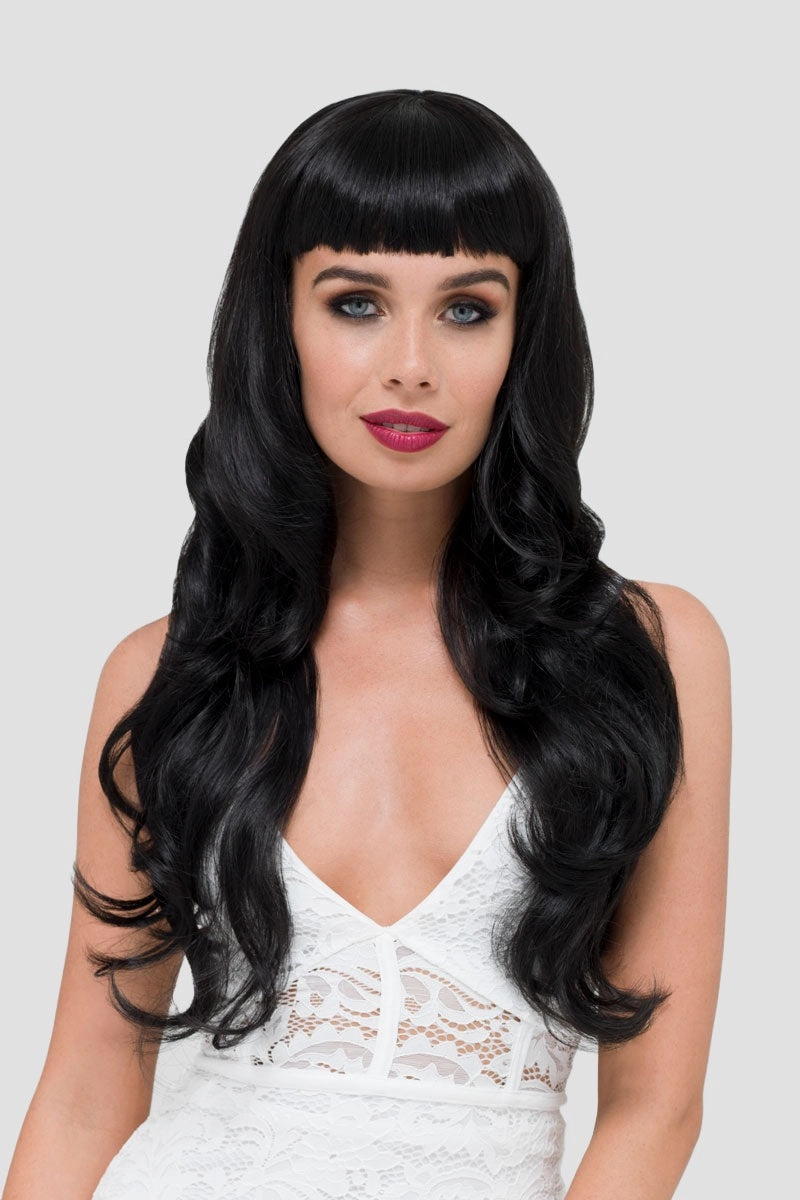 Long wavy black wig with vintage-style, rockabilly, straight fringe: Eloise