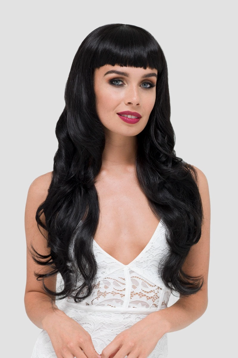 Long wavy black wig with vintage-style, rockabilly, straight fringe: Eloise