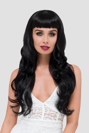 Long wavy black wig with vintage-style, rockabilly, straight fringe: Eloise