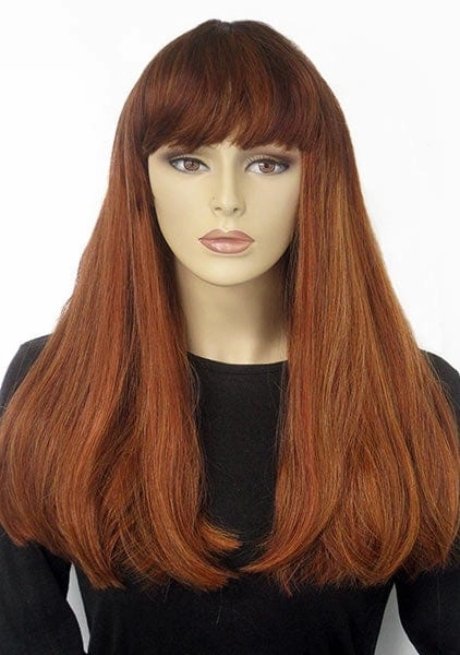 Red/Auburn wig with blonde highlights and straight fringe: Abi