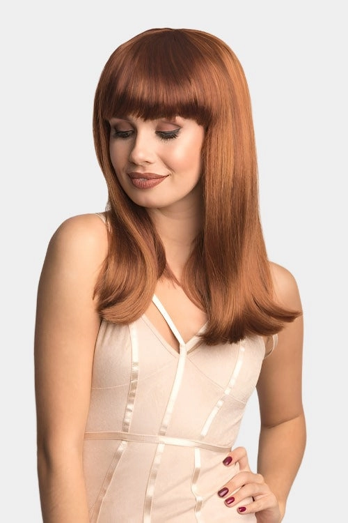 Red/Auburn wig with blonde highlights and straight fringe: Abi