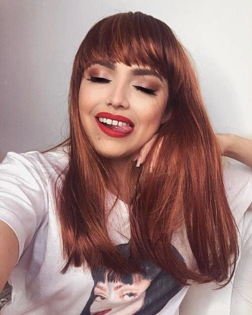 Red/Auburn wig with blonde highlights and straight fringe: Abi